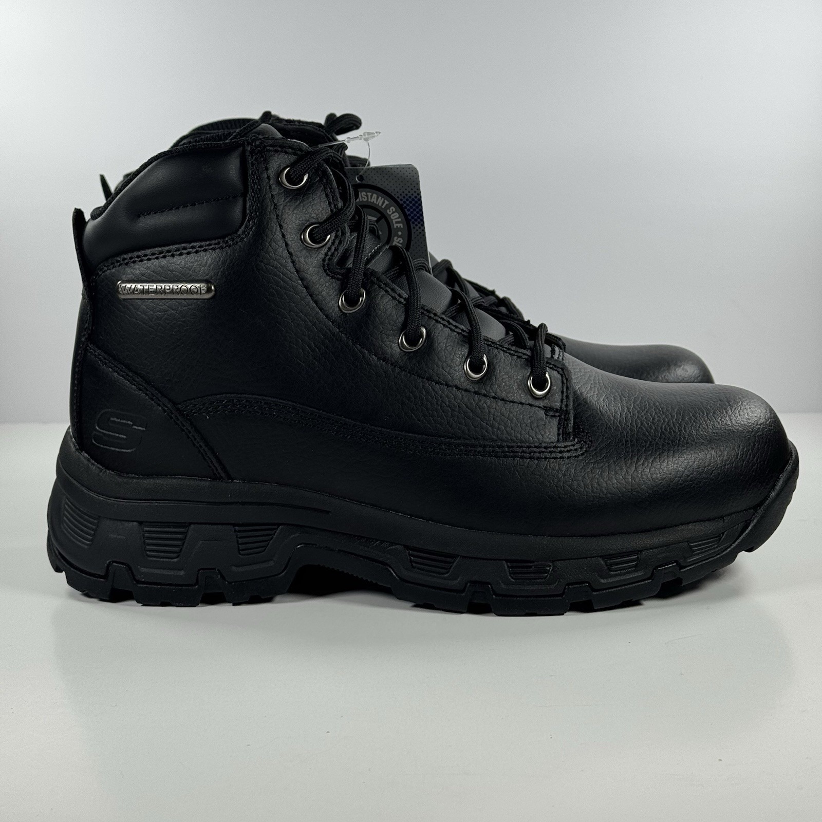 Skechers Morson Sinatro 100% Leather Waterproof Black Boots Shoes Men's Size 7.5